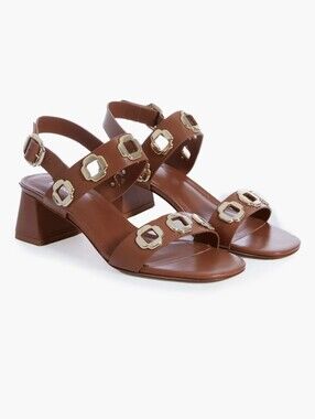 Larroude Tan Leather Block Heel Sandals with Gold Buckle Details